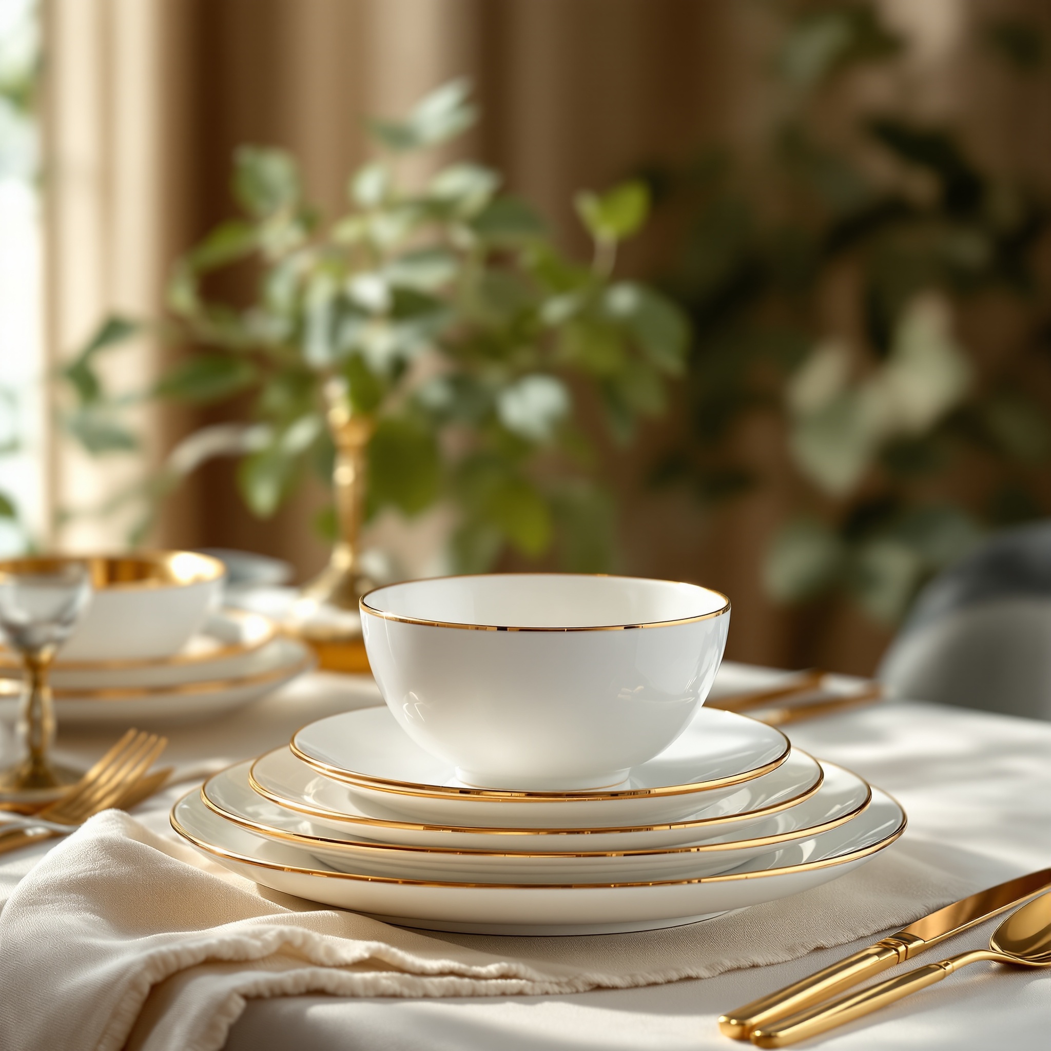 Gold-Rim Ceramic Dinner Set